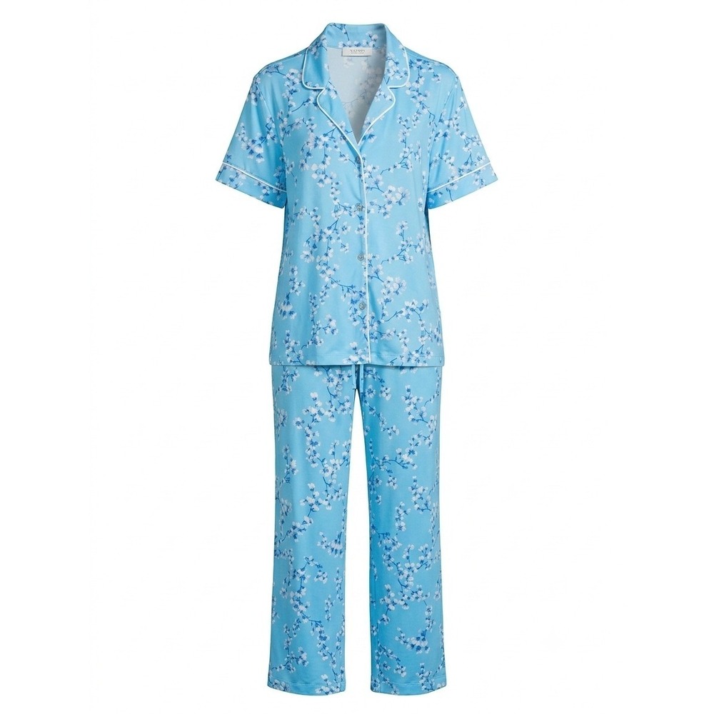 Natori Private Luxuries Pajama Set Large Blue Floral Cherry Blossom Short Sleeve
